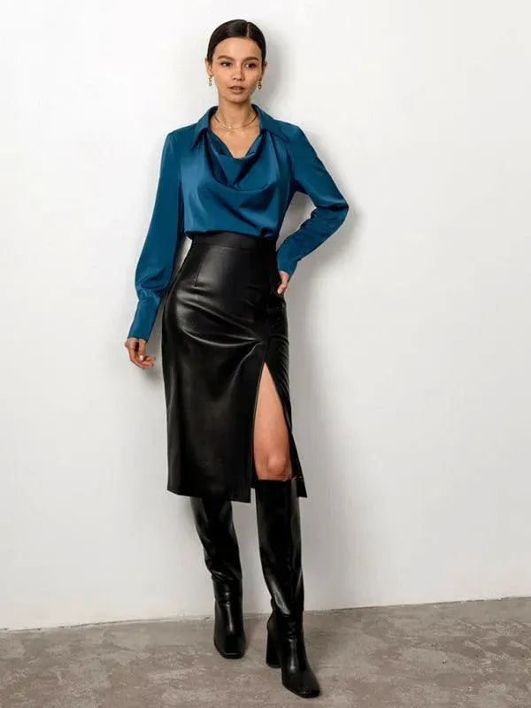 High Waist Leather Midi Skirt-Women's Skirt-LeStyleParfait