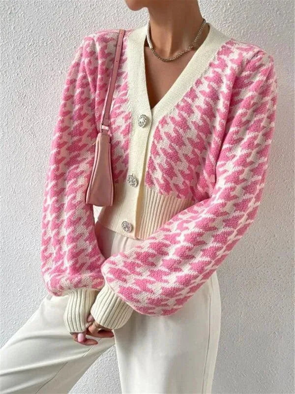 Houndstooth Lantern Sleeve Cardigan Sweater - Cardigan Sweater - LeStyleParfait