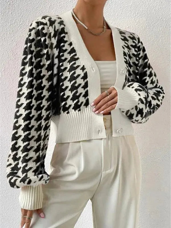 Houndstooth Lantern Sleeve Cardigan Sweater - Cardigan Sweater - LeStyleParfait