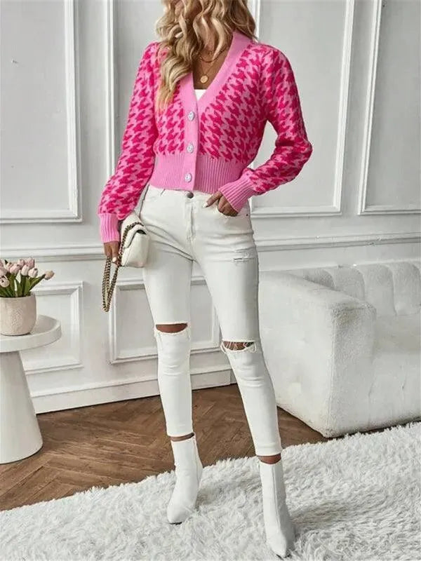 Houndstooth Lantern Sleeve Cardigan Sweater - Cardigan Sweater - LeStyleParfait