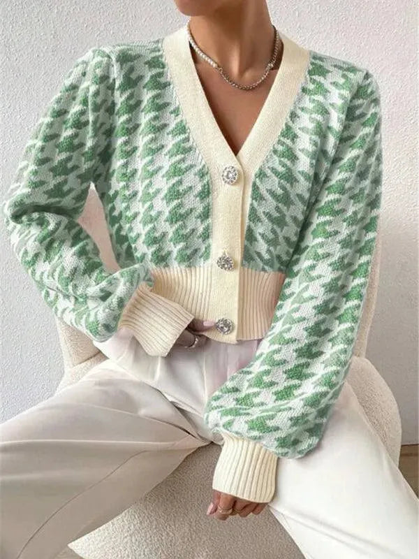 Houndstooth Lantern Sleeve Cardigan Sweater - Cardigan Sweater - LeStyleParfait