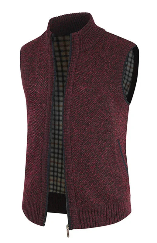 Gilet zippé pour homme, couleur unie, col montant, sans manches, en maille. 