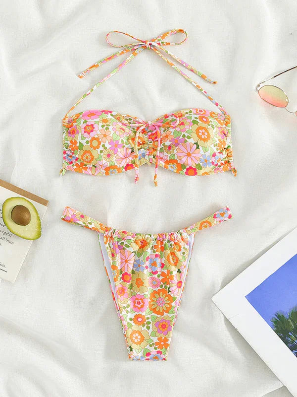 Ensemble de bikini floral à lacets pour femme