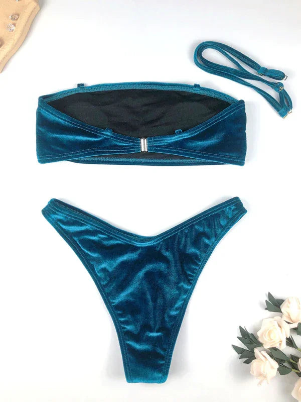 Ensemble de bikini bandeau taille haute bleu pour femme