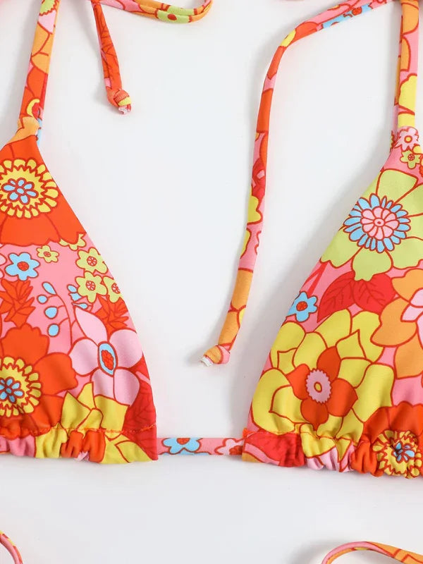 Ensemble de bikini ficelle taille haute fleuri rouge pour femme