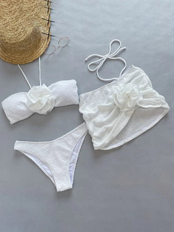 Women Floral White Bandeau Bikini Set