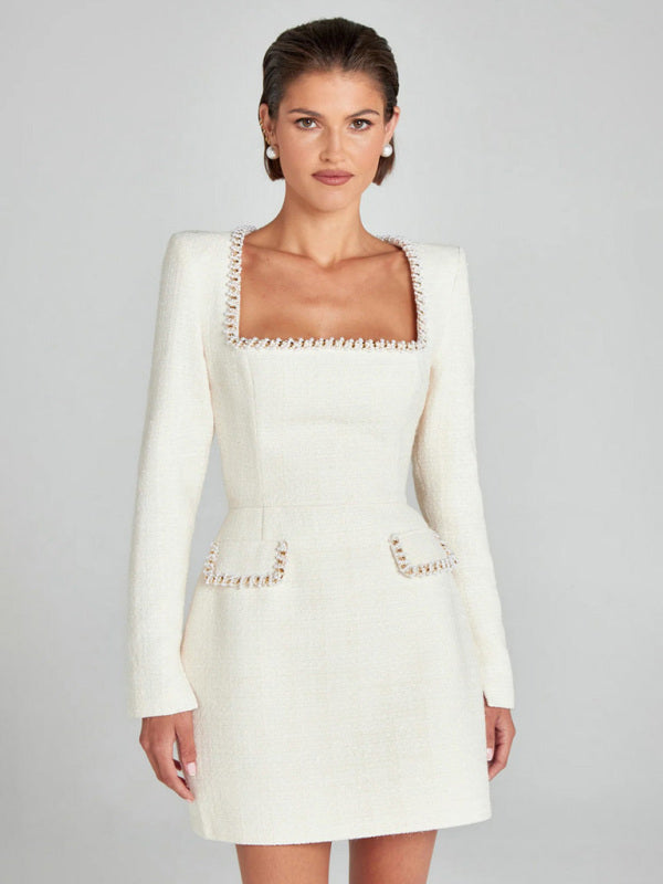 Elegant Beaded Square Neck Mini Dress