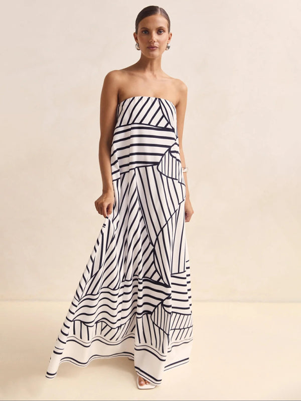 Chic Striped Strapless Maxi Dress