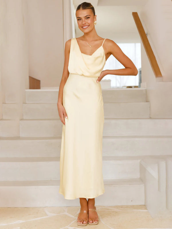 Chic Satin Cowl Neck Midi Dress