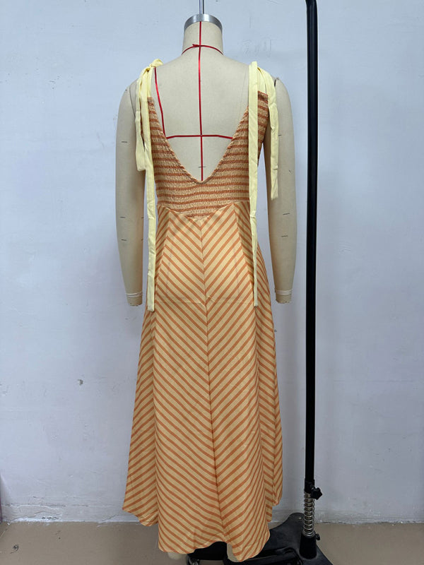 Chic Striped Lace Up Midi Dress