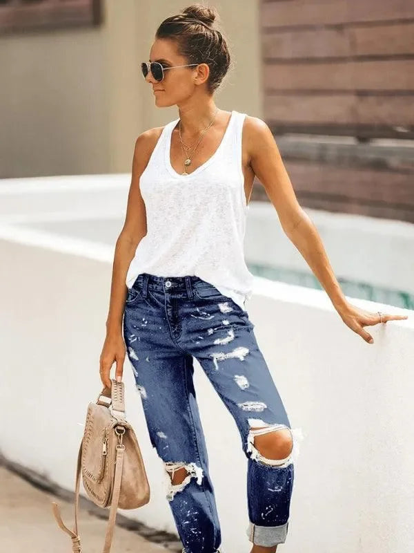 Ladies Ripped Straight-Leg Jeans - Women Jeans - LeStyleParfait