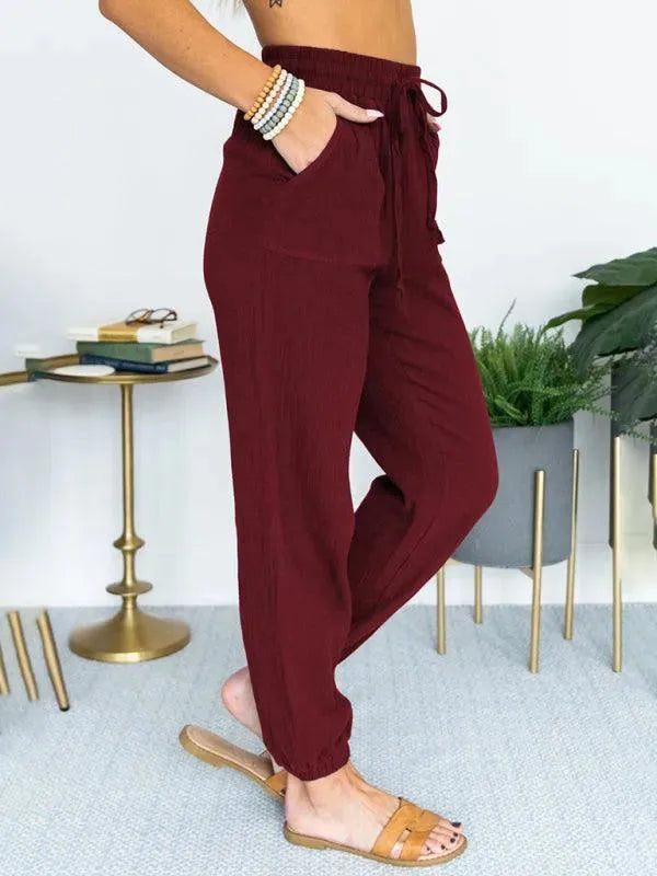 LeStyleParfait Women Pants Plain-Solid Women's Drawstring Linen-Women Pants