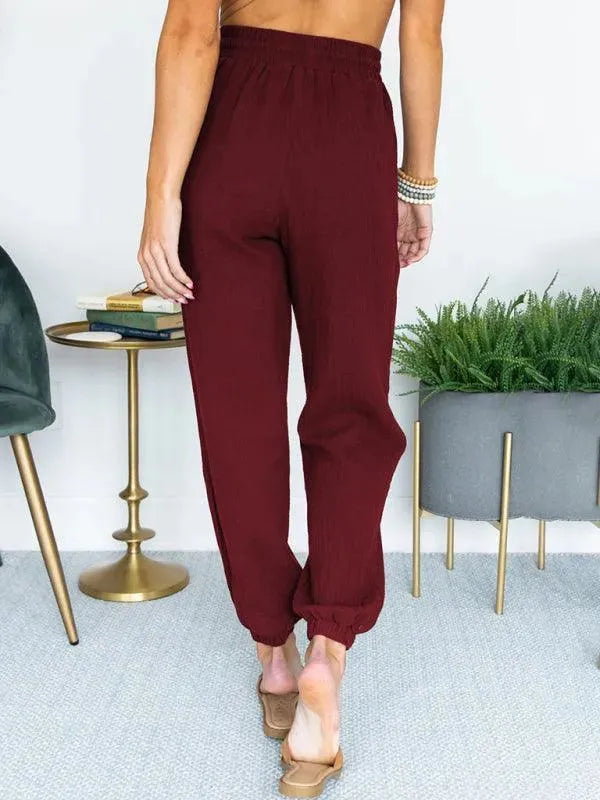 LeStyleParfait Women Pants Plain-Solid Women's Drawstring Linen-Women Pants