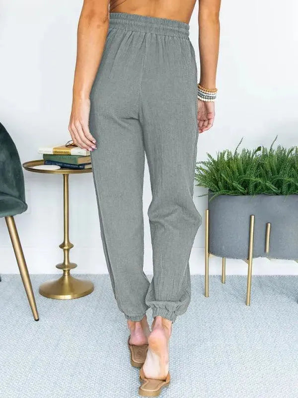 LeStyleParfait Women Pants Plain-Solid Women's Drawstring Linen-Women Pants