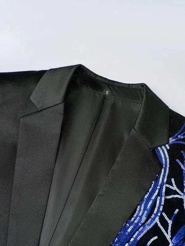 LeStyleParfait Men Blazer Tuxedo Blazers 1-Button V-Neck Long Sleeves Patchwork-Tuxedo Blazer