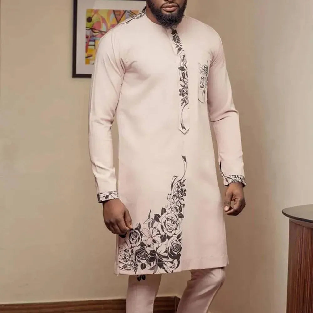 Men Bold Floral Cotton Formal Set - Floral Pants Collarless Two-Piece Set - LeStyleParfait