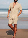 Men Casual Button-Down Summer Shorts Set - Solid Casual Shorts Two-Piece Set - LeStyleParfait
