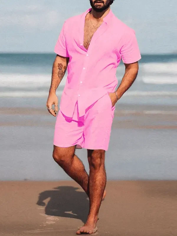 Men Casual Button-Down Summer Shorts Set - Solid Casual Shorts Two-Piece Set - LeStyleParfait