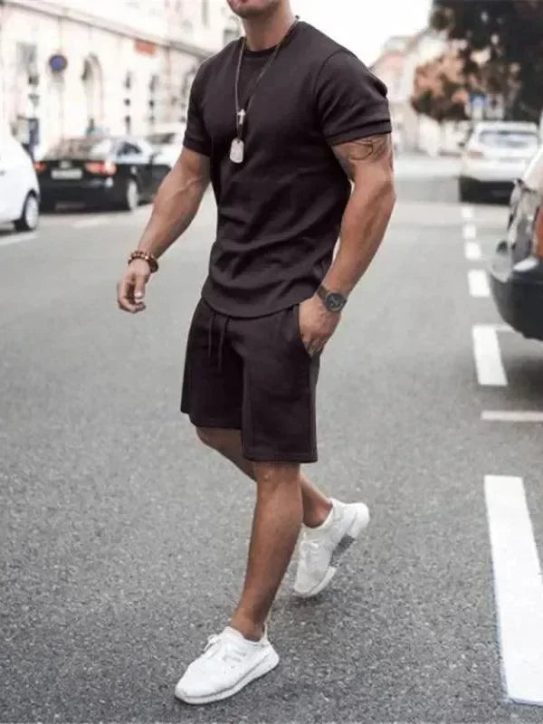 Men Casual Olive Crewneck Cotton Shorts Set - Solid Shorts Two-Piece Set - LeStyleParfait