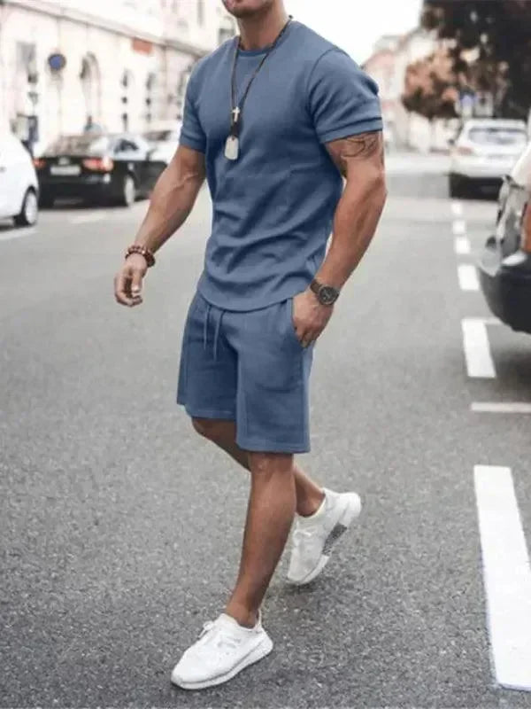 Men Casual Olive Crewneck Cotton Shorts Set - Solid Shorts Two-Piece Set - LeStyleParfait
