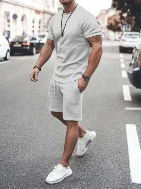 Men Casual Olive Crewneck Cotton Shorts Set - Solid Shorts Two-Piece Set - LeStyleParfait