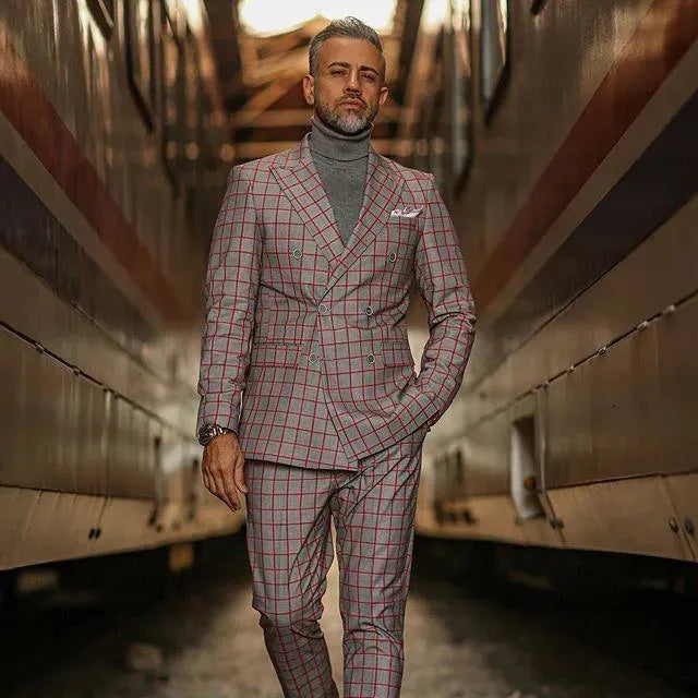 Red Plaid Double-Breasted Two Piece Suit - Plaid Suit - LeStyleParfait fashion image