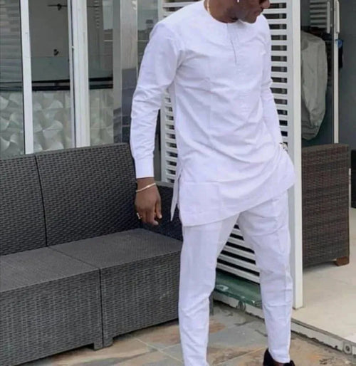 Men Elegant White African Two-Piece Set - Solid Pants Two-Piece Set - LeStyleParfait