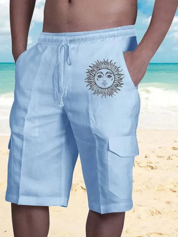Men Linen Cargo Shorts Sunny Face - Shorts - LeStyleParfait