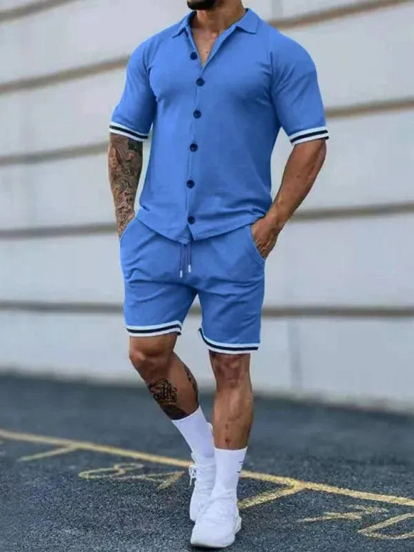 Men Minimalist Contrast Casual Shorts Set - Solid Tailored Shorts Two-Piece Set - LeStyleParfait