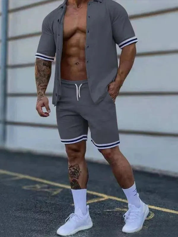 Men Minimalist Contrast Casual Shorts Set - Solid Tailored Shorts Two-Piece Set - LeStyleParfait