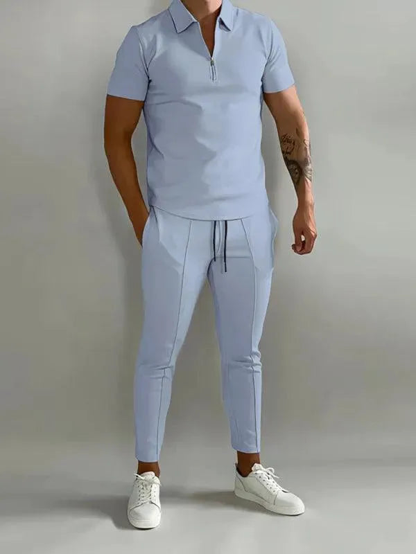 Men Trousers Set Two-Piece Outfit Solid Zipper Short Sleeve Slim Fit Cotton Spring Casual | LeStyleParfait