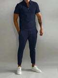 Men Trousers Set Two-Piece Outfit Solid Zipper Short Sleeve Slim Fit Cotton Spring Casual | LeStyleParfait