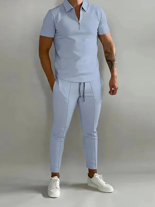 Men Trousers Set Two-Piece Outfit Solid Zipper Short Sleeve Slim Fit Cotton Spring Casual | LeStyleParfait