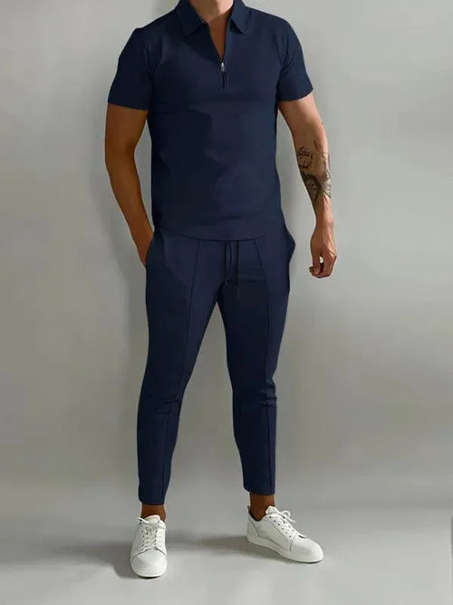 Men Trousers Set Two-Piece Outfit Solid Zipper Short Sleeve Slim Fit Cotton Spring Casual | LeStyleParfait