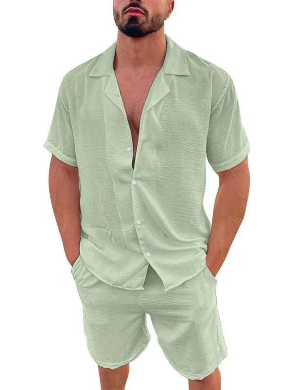 Men Relaxed Casual Linen Shorts Set - Solid Casual Shorts Two-Piece Set - LeStyleParfait