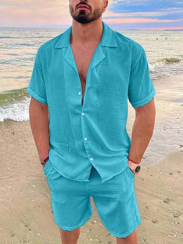Men Relaxed Casual Linen Shorts Set - Solid Casual Shorts Two-Piece Set - LeStyleParfait