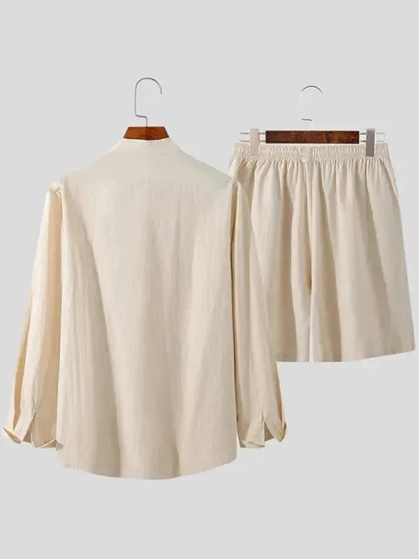 Men Relaxed Casual Linen Shorts Set - Solid Shorts Two-Piece Set - LeStyleParfait