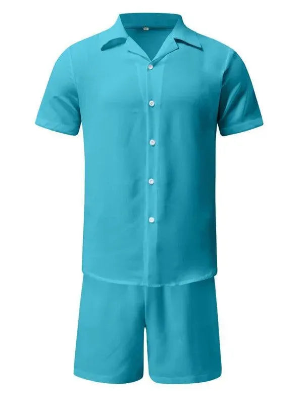 Men Relaxed Casual Linen Shorts Set - Solid Casual Shorts Two-Piece Set - LeStyleParfait