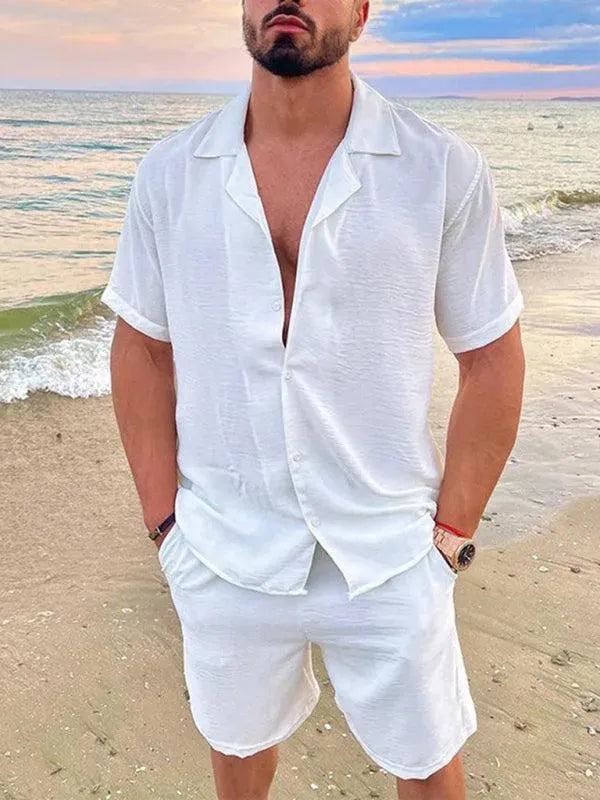Men Relaxed Casual Linen Shorts Set - Solid Casual Shorts Two-Piece Set - LeStyleParfait