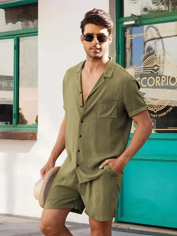Men Relaxed Casual Olive Shorts Set - Solid Casual Shorts Two-Piece Set - LeStyleParfait