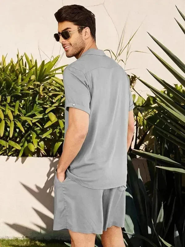 Men Relaxed Casual Olive Shorts Set - Solid Casual Shorts Two-Piece Set - LeStyleParfait