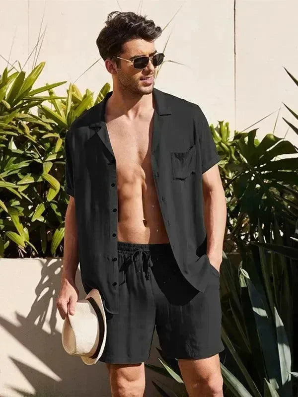 Men Relaxed Casual Olive Shorts Set - Solid Casual Shorts Two-Piece Set - LeStyleParfait