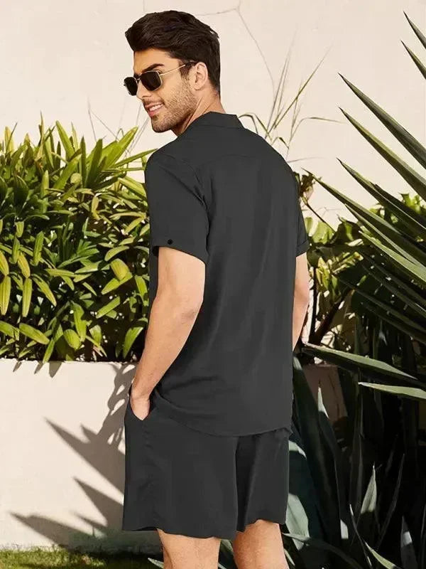 Men Relaxed Casual Olive Shorts Set - Solid Casual Shorts Two-Piece Set - LeStyleParfait