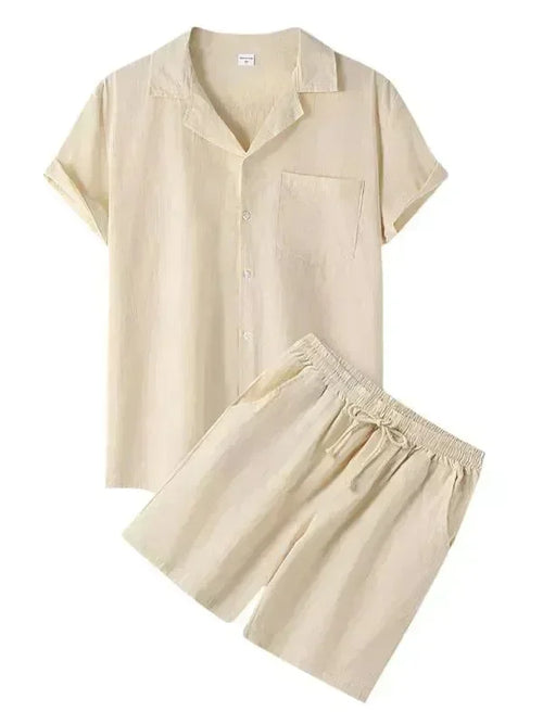 Men Relaxed Classic Linen Shorts Set - Solid Shorts Two-Piece Set - LeStyleParfait
