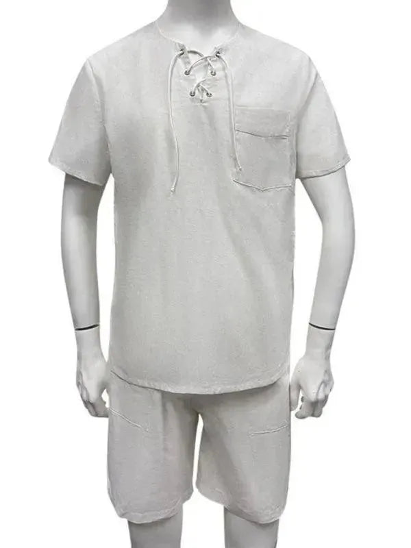 Men Relaxed Cotton V-Neck Shorts Set - Solid Casual Shorts Two-Piece Set - LeStyleParfait