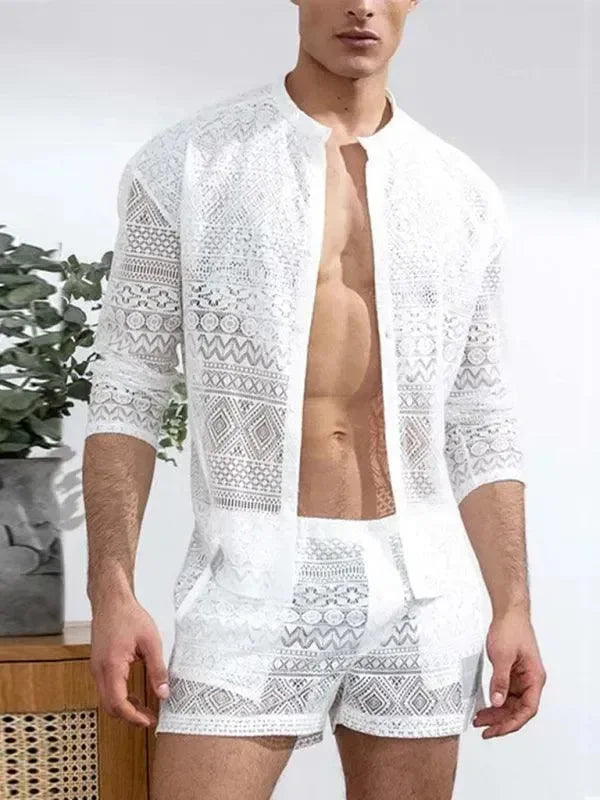 Men Relaxed Ethnic Mesh Shorts Set - Ethnic Casual Shorts Two-Piece Set - LeStyleParfait