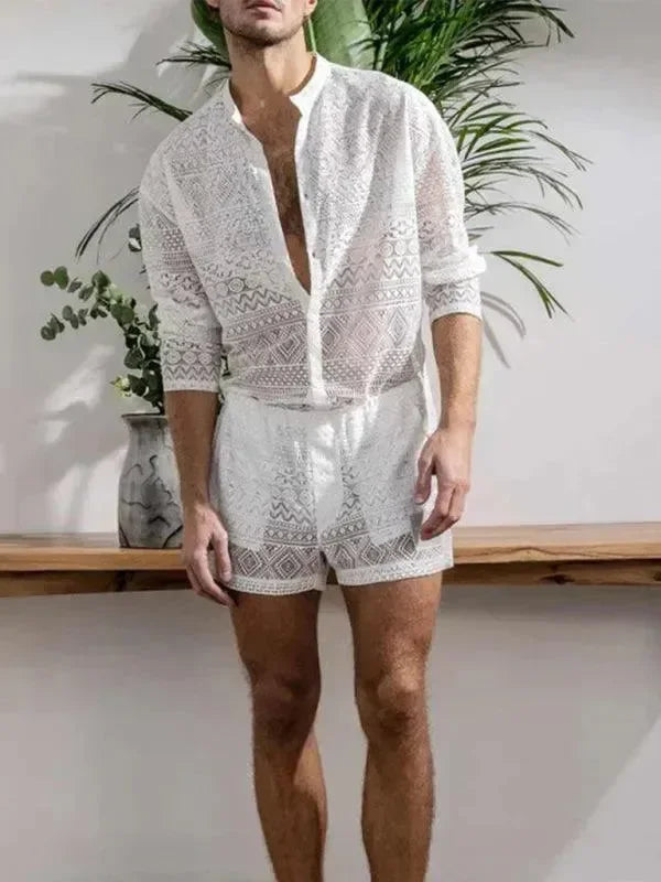 Men Relaxed Ethnic Mesh Shorts Set - Ethnic Casual Shorts Two-Piece Set - LeStyleParfait