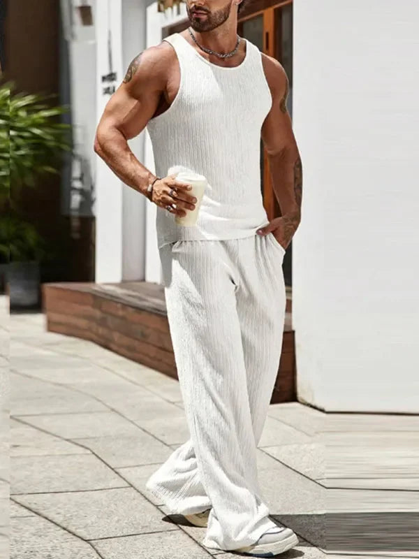 Men Relaxed Ribbed Casual Two-Piece Set - Ribbed Casual Trousers Two-Piece Set - LeStyleParfait