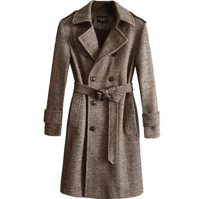 Men's Herringbone Winter Coat - Double-Breasted Casual Jacket - Trench Coat - LeStyleParfait