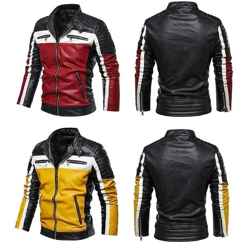 Men's PU Leather Patchwork Biker Jacket - Leather Biker Jacket - LeStyleParfait